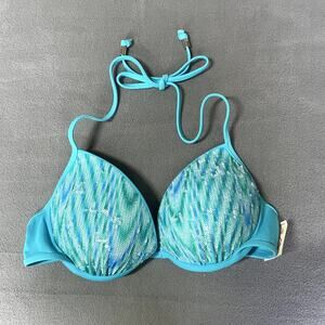 Victoria's Secret PINK Sequin Bikini Top Womens Small Blue Chevron Halter 2012